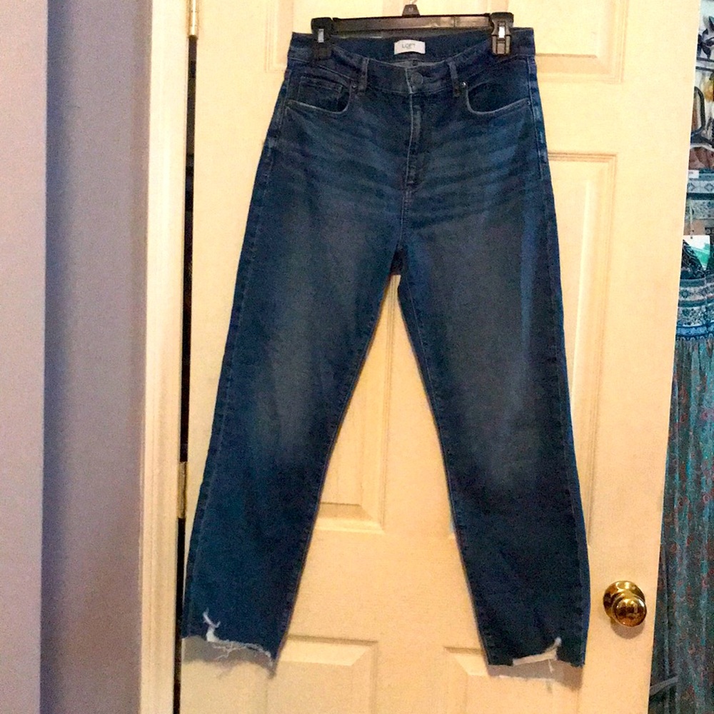 LOFT High Rise Straight, distressed hem, size 4